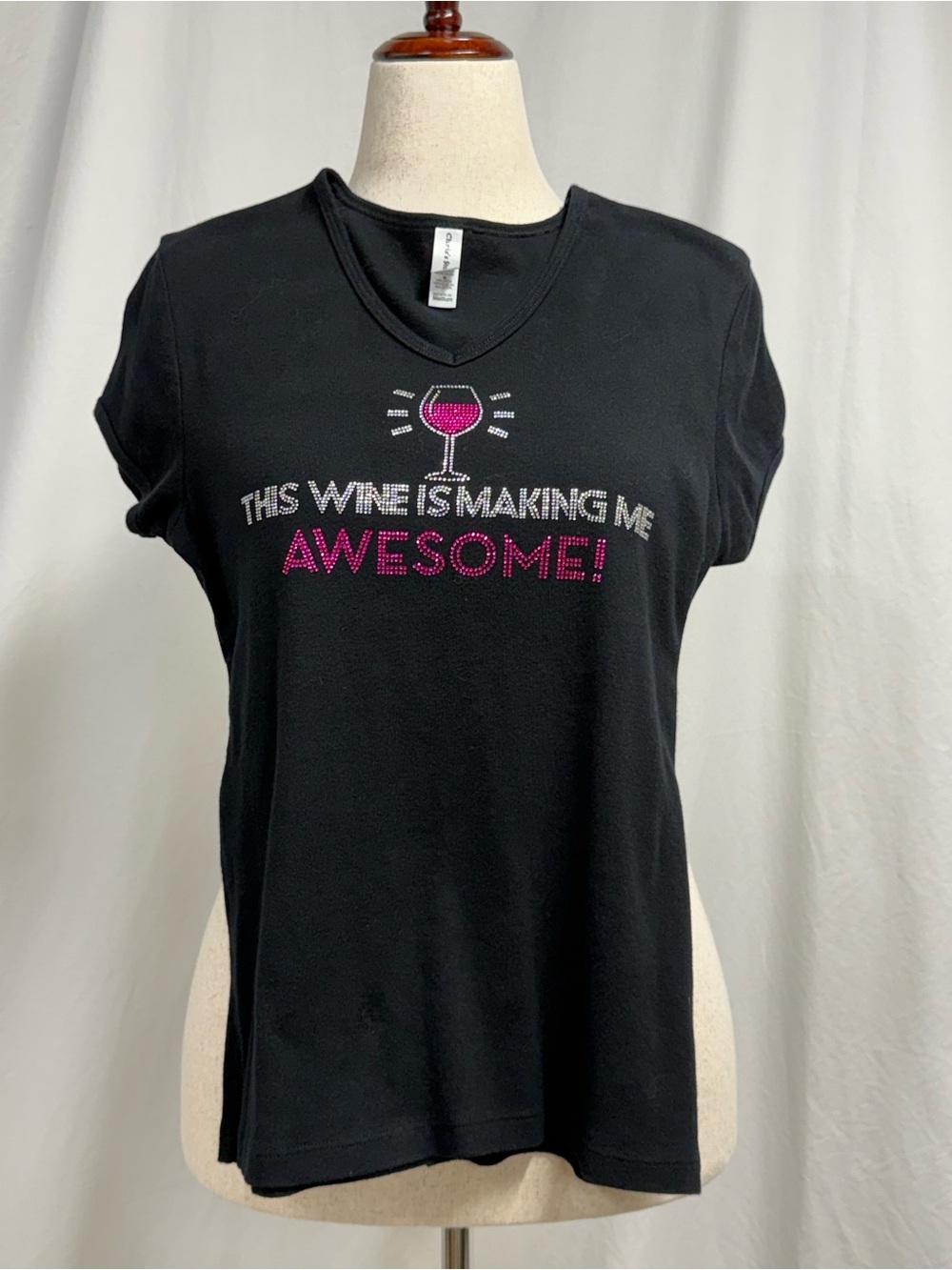 Black Graphic V-Neck Cotton Tee — "This Wine Is Making Me Awesome"